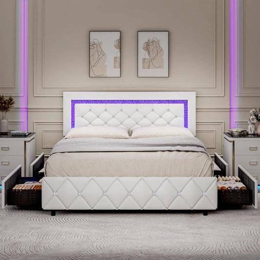 Queen Bed Frame with LED Lights, Upholstered Bed Frame with 4 Storage Drawers, Princess Platform Bed with Diamond Headboard