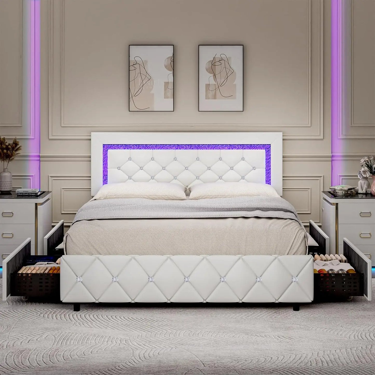 Queen Bed Frame with LED Lights, Upholstered Bed Frame with 4 Storage Drawers, Princess Platform Bed with Diamond Headboard