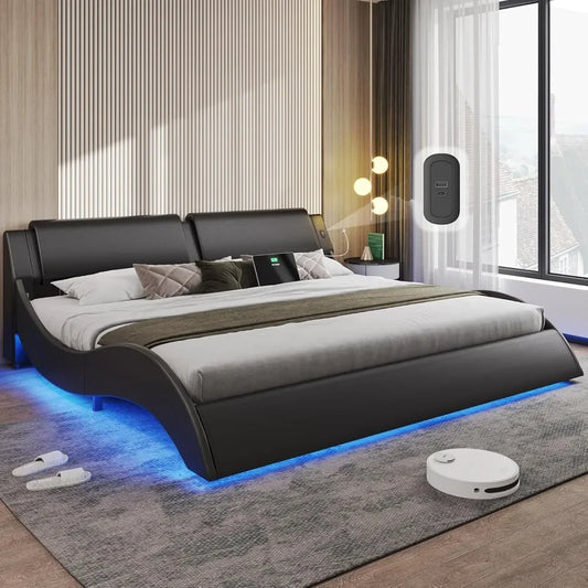 Bed Frame-California King  Led Lights and USB & Type-c Ports Cali King Platform Bed Frame Headboard Faux Leather Wave