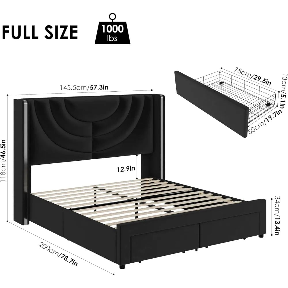 Queen Upholstered LED Bed Frame with 2 Storage Drawers, Velvet Platform Bed with Wingback Headboard, Solid Wooden Slats Support