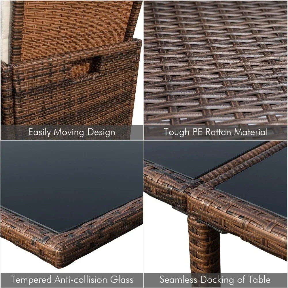 9 Pieces Patio Dining Sets Outdoor Space Saving Rattan Chairs with Glass Table Patio Furniture Sets Cushioned Seating (Beige)