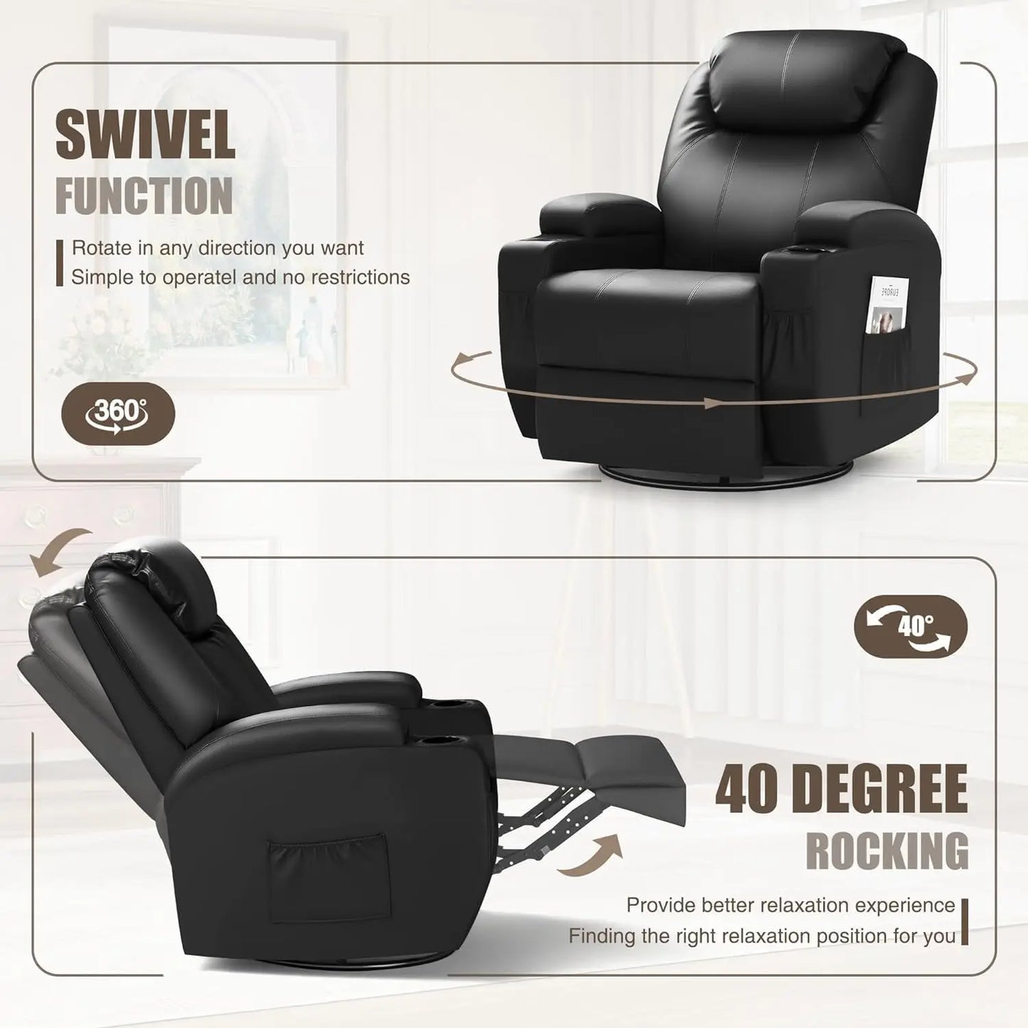 Recliner Chair, Rocking Massage Chairs, Home Reclining Sofa Chair, PU Leather, Ergonomic Living Room Chair with Cup Holders