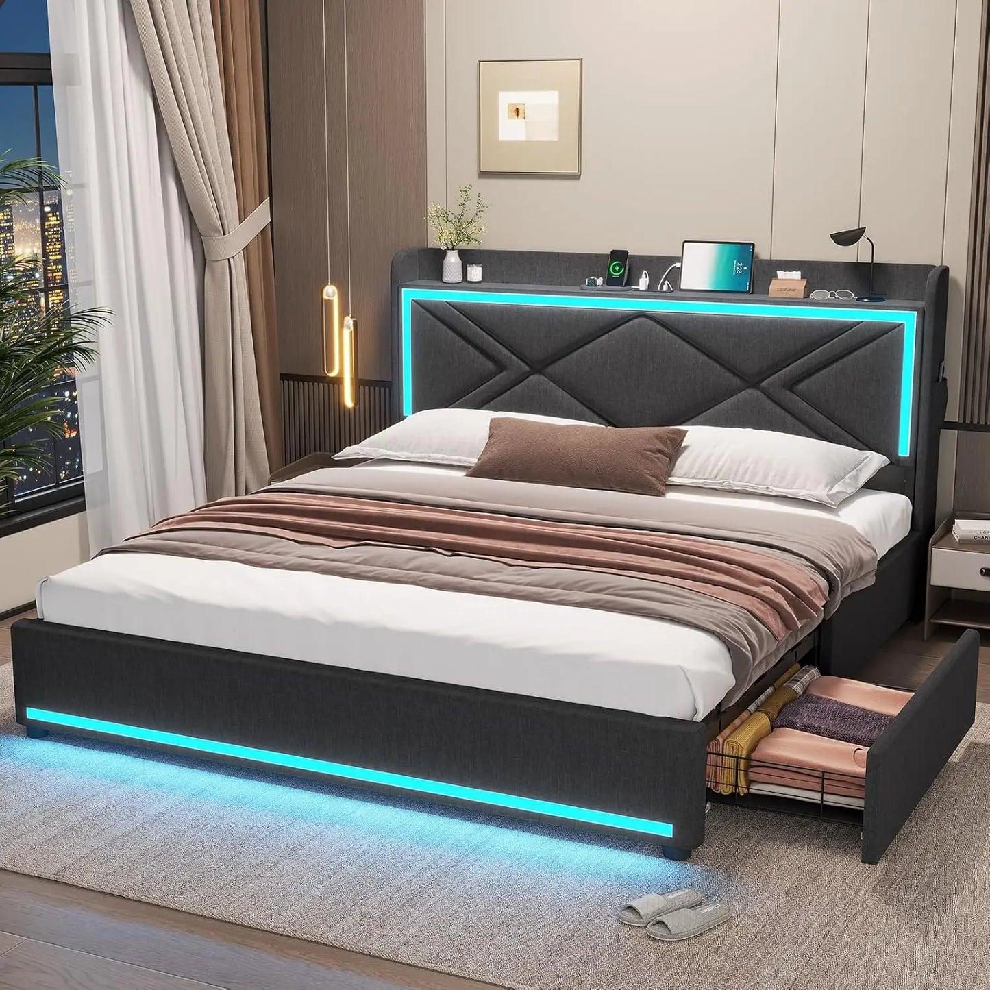 Bed Frame with Storage Headboard & 4 Drawers, Upholstered LED Bed Frame with Charging Station, Pu Leather Platform