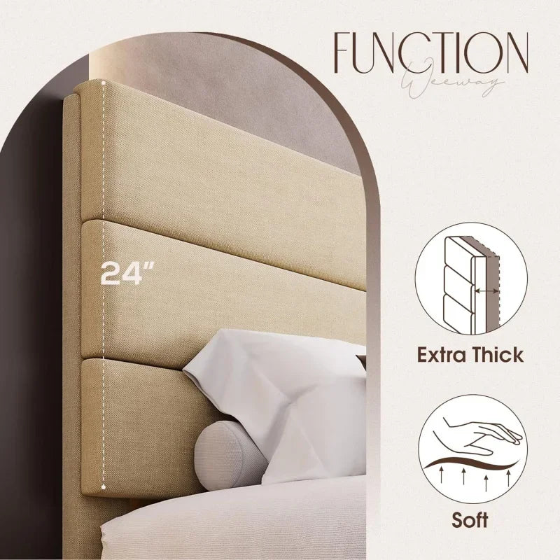 King Bed Frame Platform Bed,Linen Fabric Upholstered Headboard and Wooden Slats Support,Heavy Duty Mattress Foundation,Beige