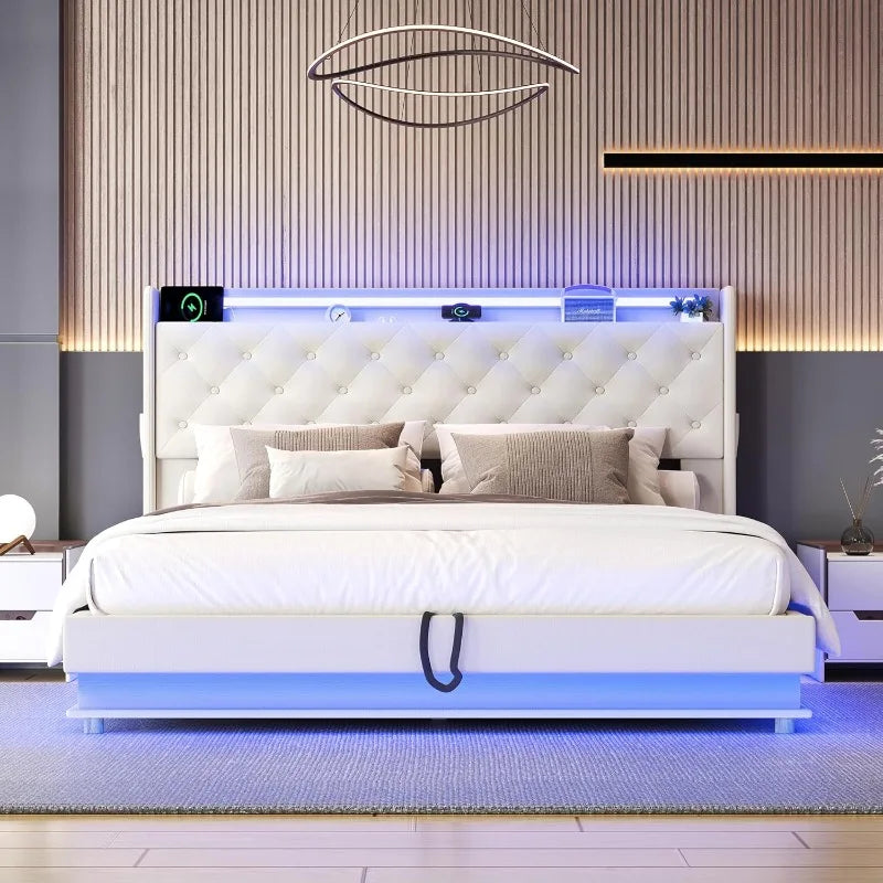 Bed Frame with Charging Station & Led Lights, Upholstered Platform Bed with Button Tufted Wingback Storage Headboard