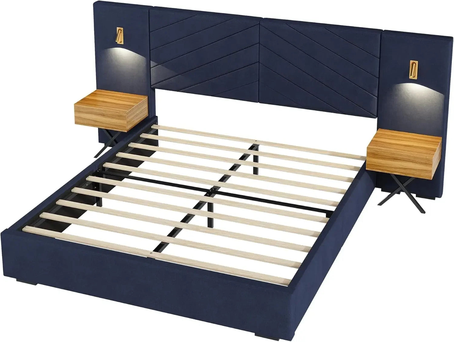 Luxury Bed Frame with Built-in Gold LED Lights and Nightstands, King Size Platform Bed with Oversize Upholstered Headboard