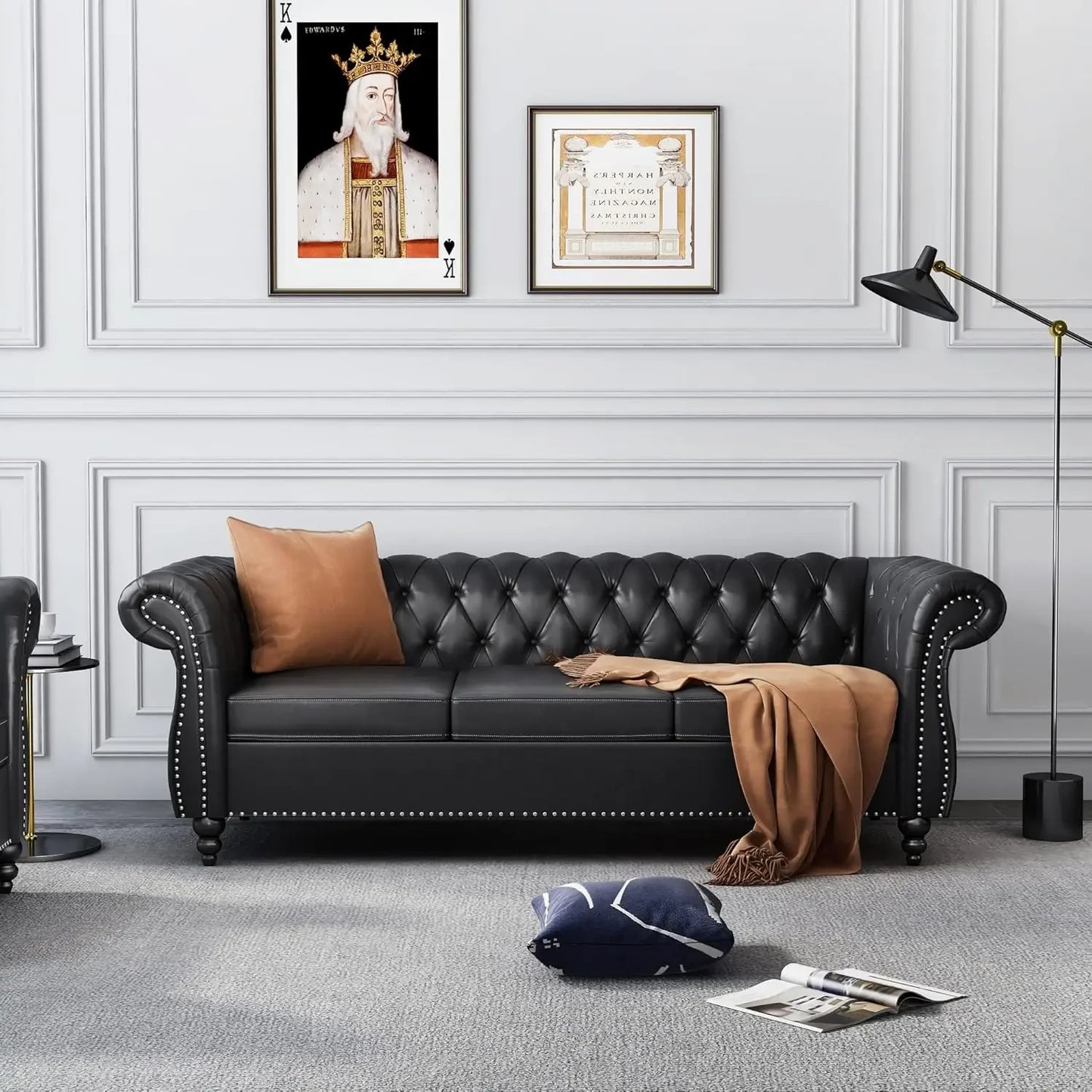 Chesterfield Sofa Leather for Living Room, 3 Seater Sofa Tufted Couch Faux Leather with Rolled Arms and Nailhead for Living Room