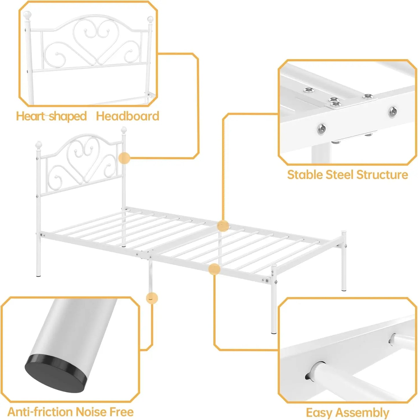 Full Size Bed Frame with Headboard, Heavy Duty Steel Slat Support Platform Under Bed Storage Space No Box Spring Needed, White