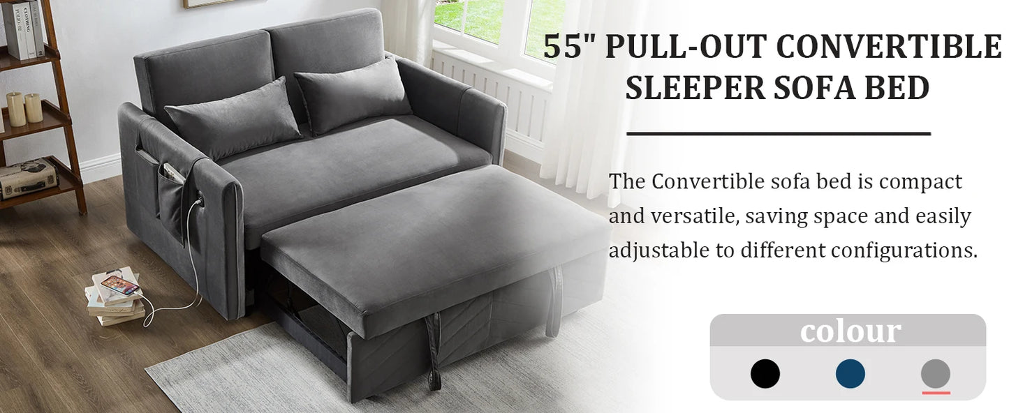 3 in 1 Pull Out Convertible Sofa Bed-Velvet Sleeper Sofa with 3Level Adjustable Backrest,Tufted Love Seat w/ 2Pockets & 2Pillows