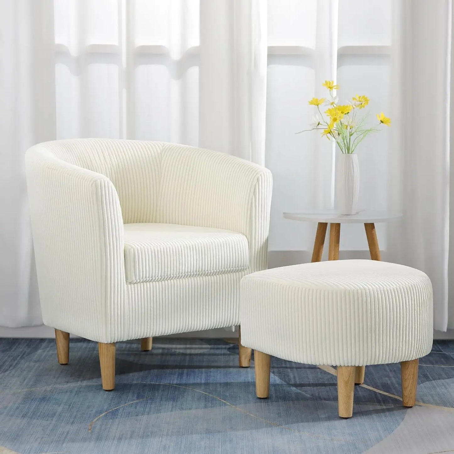 Accent Chair, Sherpa Chair White Fluffy Chair Teddy Barrel Chair with Ottoman Comfy ArmChair Footrest Set