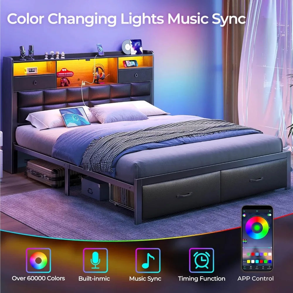 Bed Frame Full Size with Drawers and Charging Station, Upholstered Platform Bed with Storage Headboard and LED Light, Heavy Duty