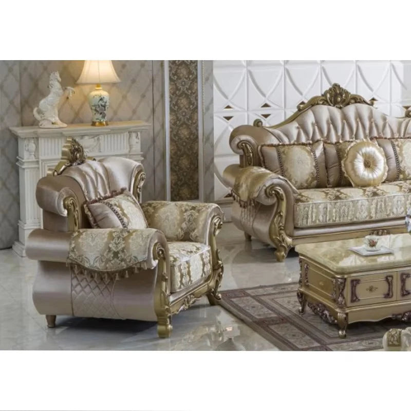 European Luxury 1 2 3 Seats Fabric Sofa Set Villa Home Furniture Classic Royal Solid Wood Combination Living Room Sofa