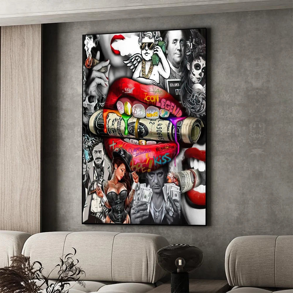 Luxury Dollar Sexy Lips Wall Art Poster Graffiti Abstract High End Mural Modern Home Room Decor Canvas Painting Picture Prints