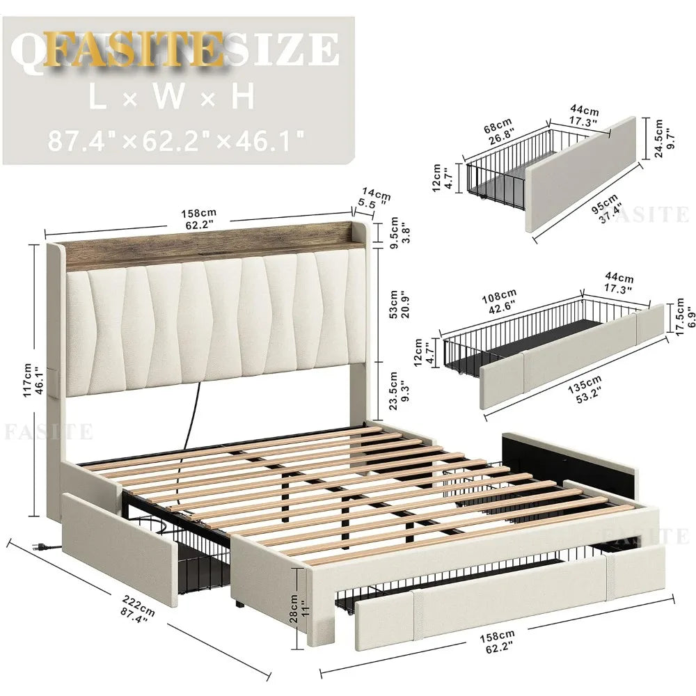 Queen Size Bed Frame with 3 Drawers, Upholstered Platform Beds with Storage Headboard and Charging Station