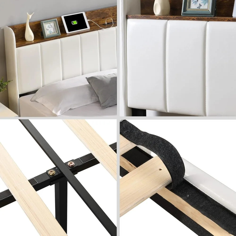 Upholstered Bed Frame Queen Size with Headboard with Storage Drawers & Charging Station,No Box Spring Needed/Heavy Duty