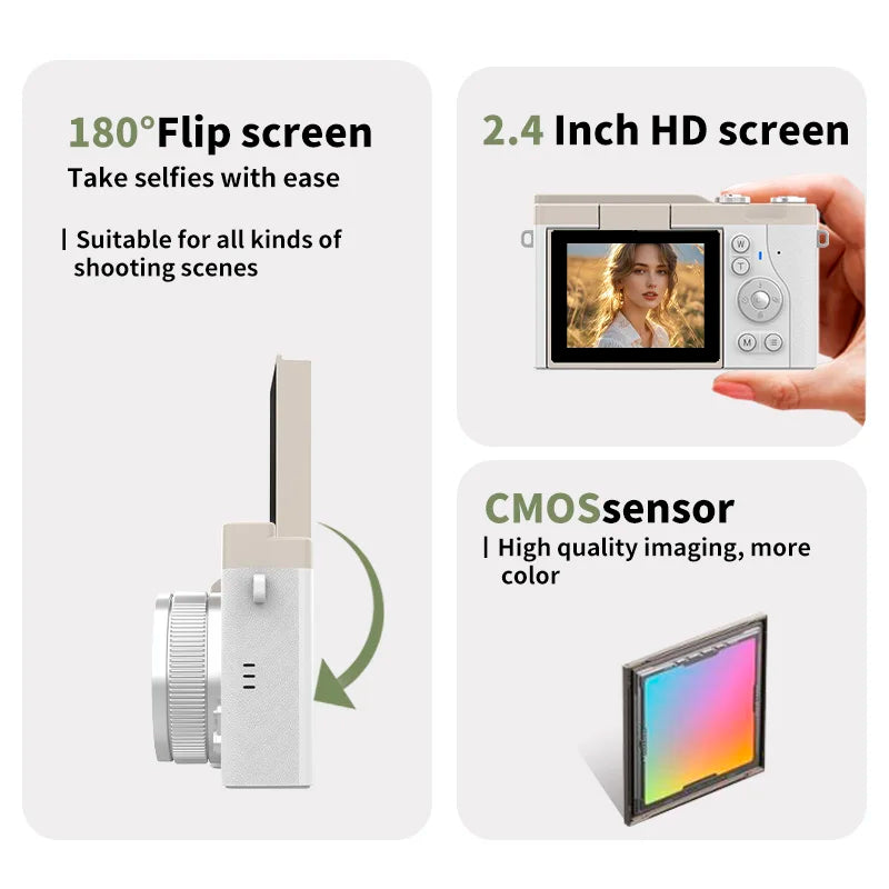 4K Digital Camera 2.4 Inch 16X Digital Zoom CCD Retro Video Recorder 180° Flip Screen Selfile Compact Digital Photography Camera