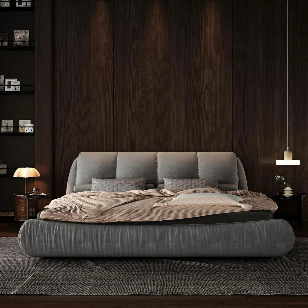 Deluxe king-size upholstered platform bed with upholstered backrest, soft-framed cloud bed, thickened pine slats, metal legs