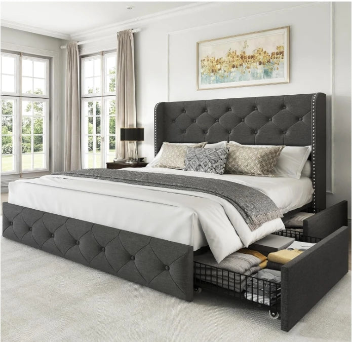 King Size Bed Frame with 4 Storage Drawers and Tufted Headboard Linen Upholstered Platform Bed Frame Wingback Beds.
