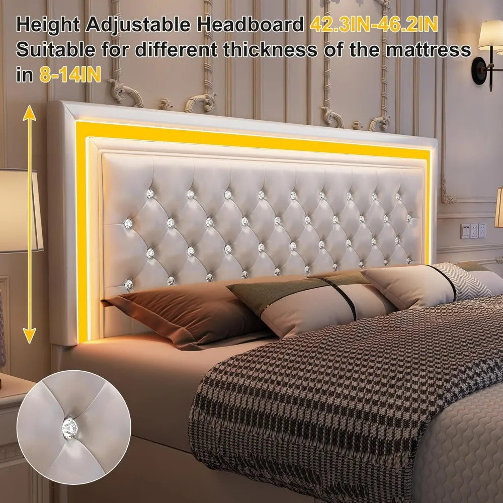King Bed Frame with LED Lights, Storage Drawers, No Box Spring Needed, 900 lbs Capacity, Easy Assembly, bedroom furniture White