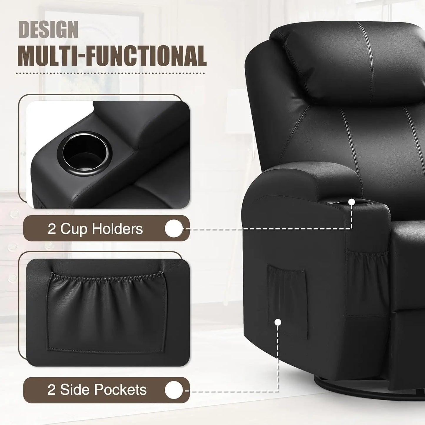 Recliner Chair, Rocking Massage Chairs, Home Reclining Sofa Chair, PU Leather, Ergonomic Living Room Chair with Cup Holders