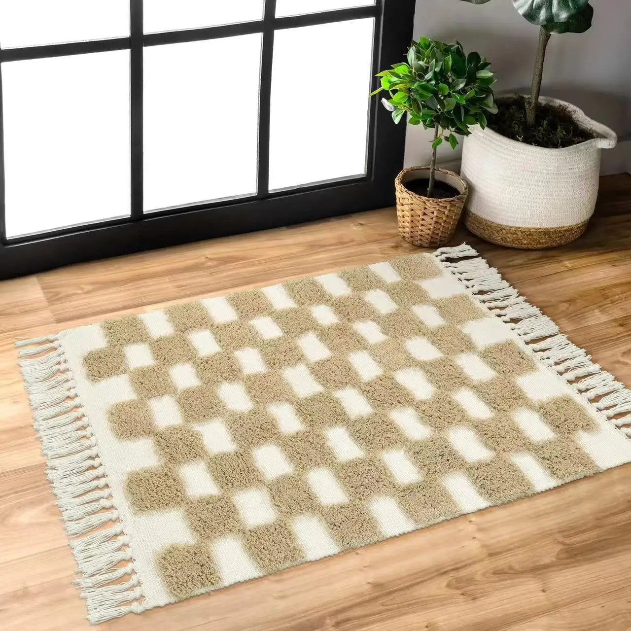 Vintage Nordic Style Cotton Linen Handmade Tassel Area Rug Checkerboard Tufted Floor Bedside Mat Living Room Bedroom Tapestry