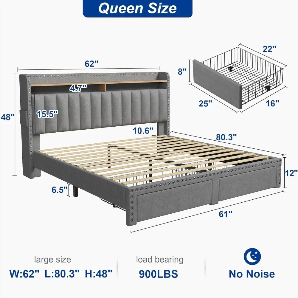 Queen Bed Frame with Headboard and Storage, Upholstered Queen Bed Frame with Storage, Queen Size Bed Frame with 2 Drawer