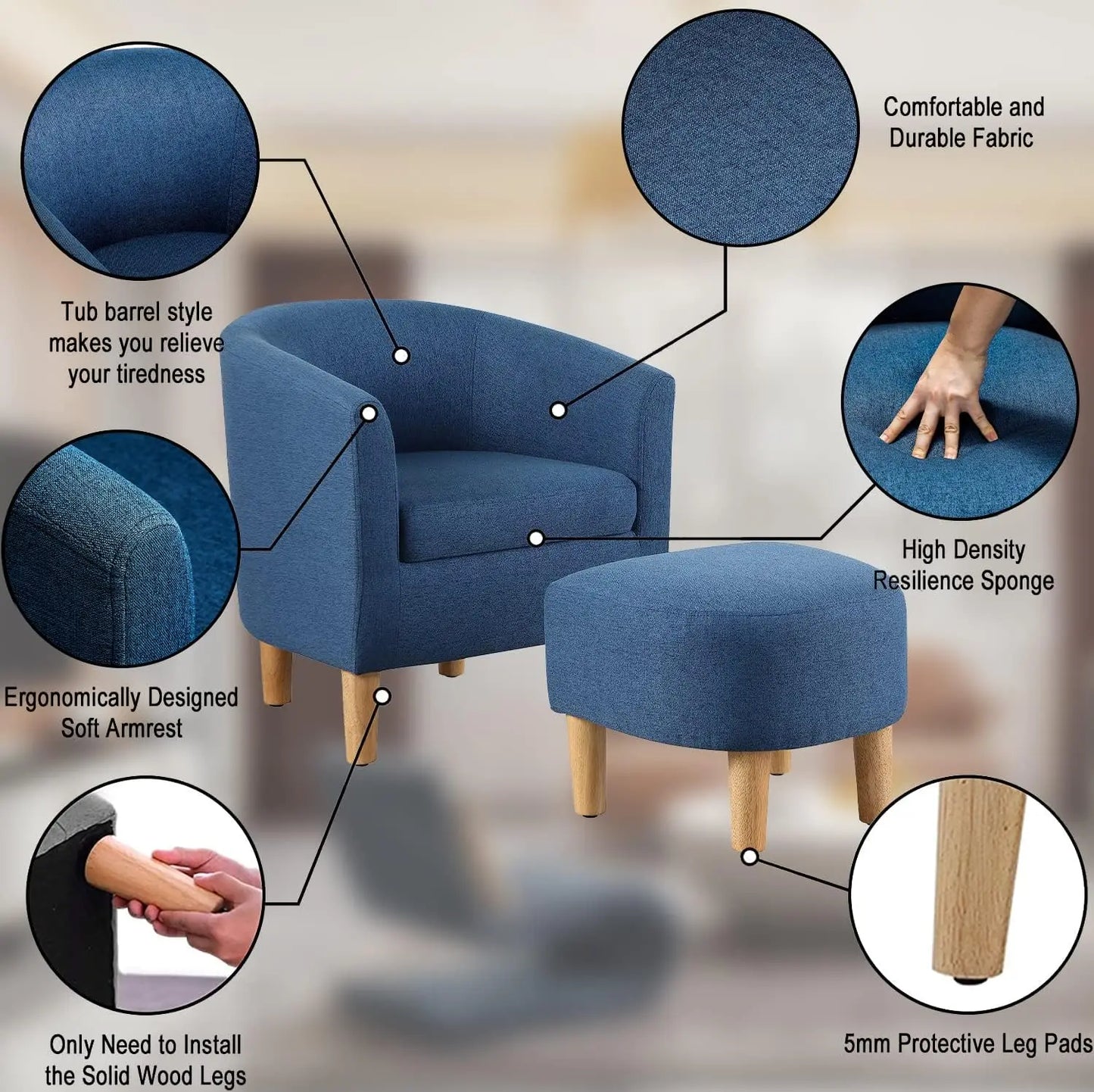 Accent Chair, Sherpa Chair White Fluffy Chair Teddy Barrel Chair with Ottoman Comfy ArmChair Footrest Set