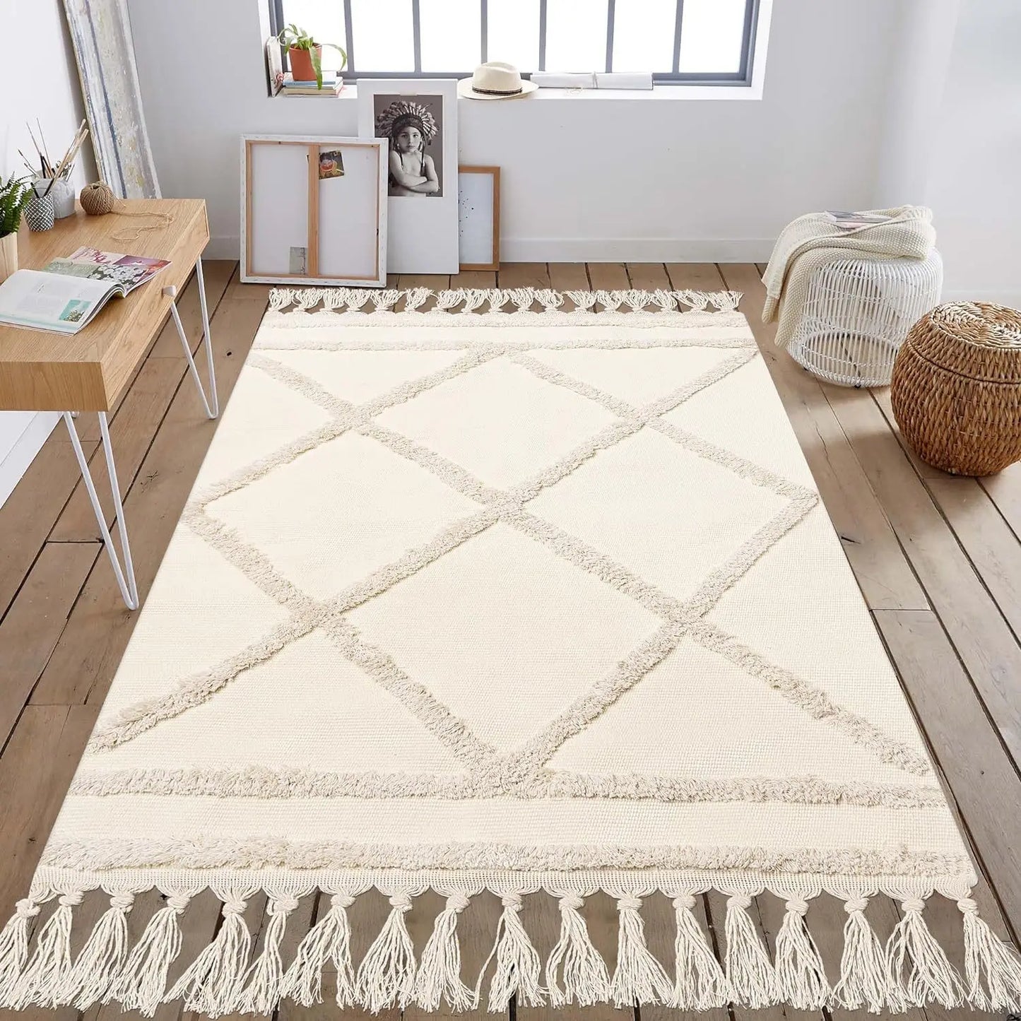 Tufted cotton carpet Living room carpet Hand woven fringed washable bathroom carpet