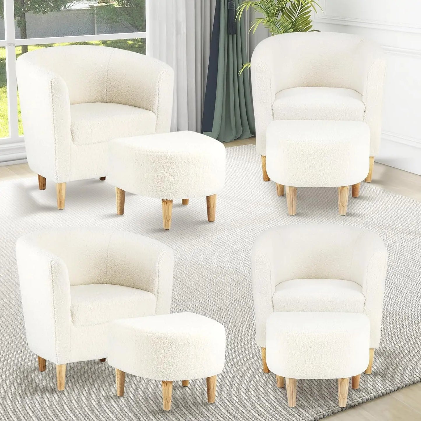 Accent Chair, Sherpa Chair White Fluffy Chair Teddy Barrel Chair with Ottoman Comfy ArmChair Footrest Set