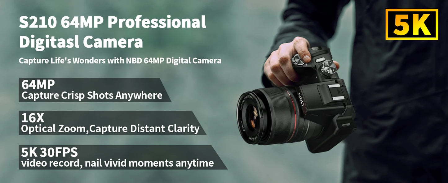NBD 64MP Digital Cameras for Photography, 16X Optical Zoom Camera with WiFi & App Control,5K Camera with 180°Flipable Screen