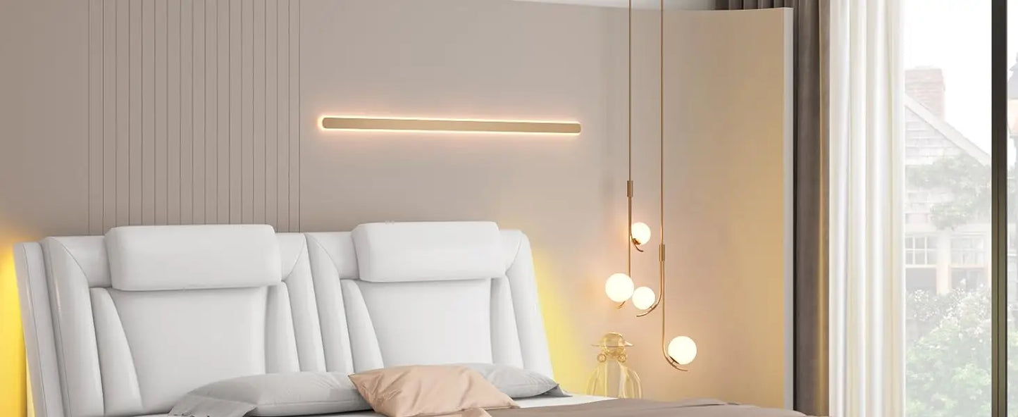 Upholstered Bed Frame, Adjustable LED Headboard, Pu Leather Platform Bed with Wave-Like Curve Design and Solid Wooden, Queen Bed