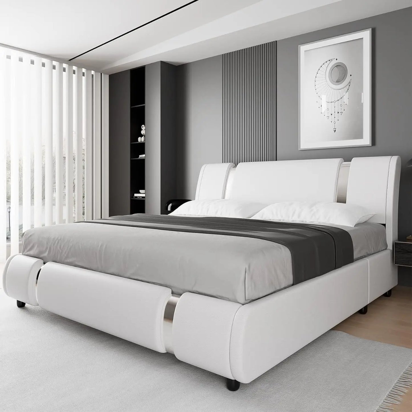 Modern Faux Leather Upholstered Platform Bed Frame with Golden Iron Metal Decor, Adjustable Curved Headboard, Queen Size, White