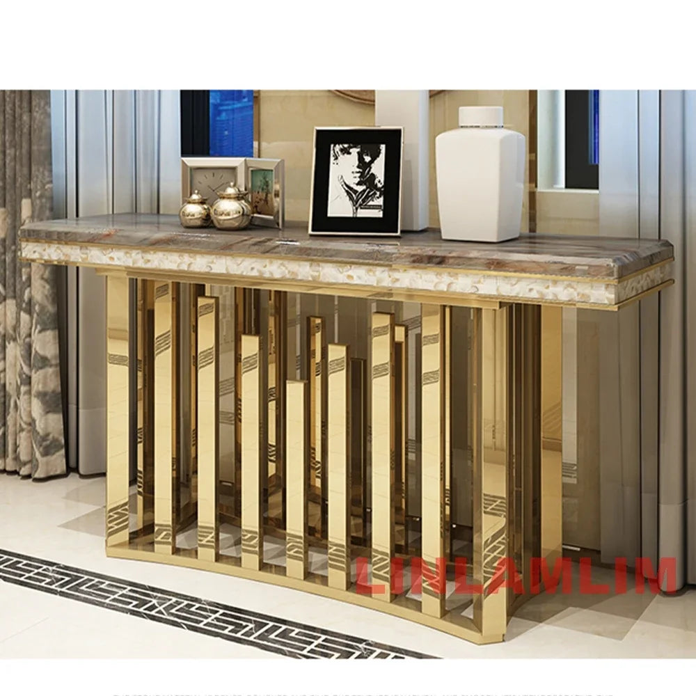 MINGDIBAO Dining Side Table with Sticking Seashells, Natural Marble Stainless Gold End Table, Handmade Coastal Style Furniture