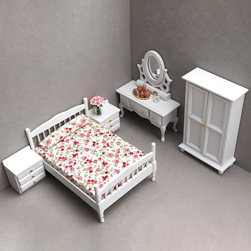 Beds & Furniture Bedroom Set Furniture Wooden Wardrobe for Bedroom Miniature Wardrobe Dolls Dollhouse Bedroom Bed Dresser