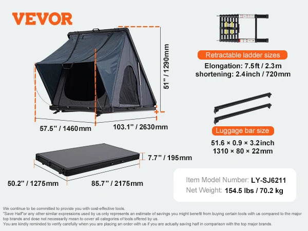 SucceBuy Rooftop Tent Hard Shell Roof Top with Telescopic Ladder Thick Mattress Waterproof Windproof Jeep SUV Van Pickup Truck