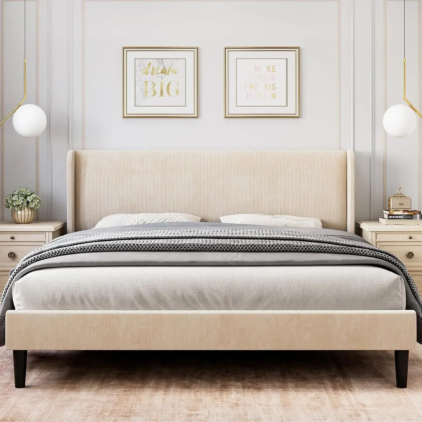 Bed Frame with Wingback & 2 Storage Pockets,  Upholstered Headboard, Solid Wood Slats Support, Velvet Platform Beds Bedroom