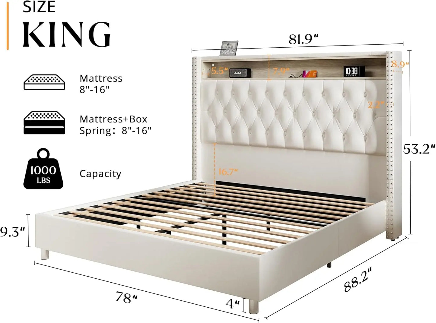 King Bed Frame with Headboard LED Lights and Charging Station, Velvet Tall Upholstered Platform Bed Storage No Box Spring Needed