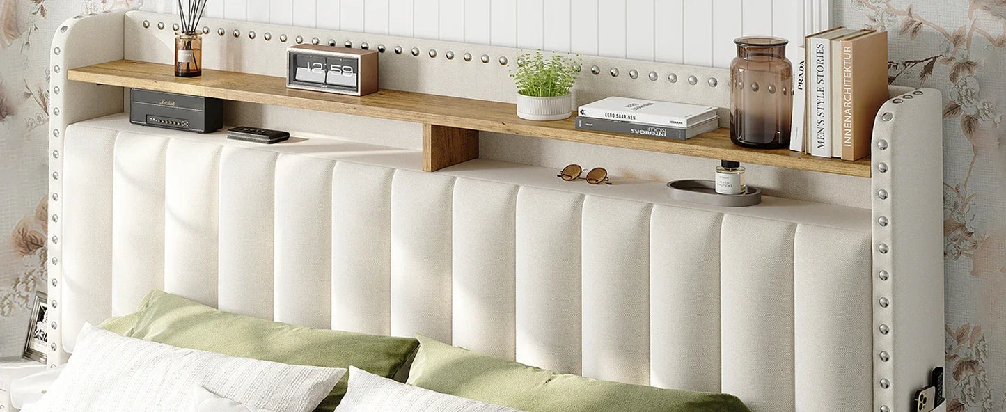 Queen Bed Frame with Headboard and Storage, Upholstered Queen Bed Frame with Storage, Queen Size Bed Frame with 2 Drawers