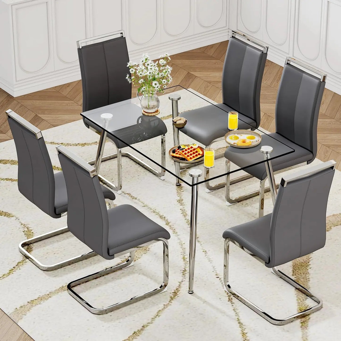Glass Dining Table Set for 4,5 Piece Dining Table and Chairs Set,Modern Kitchen Dining Room Table with 4 Black PU Leather