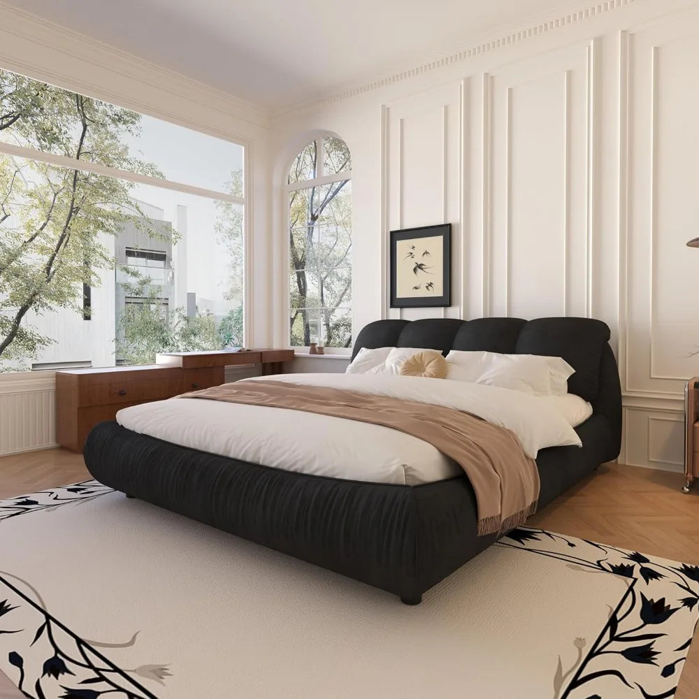 Deluxe king-size upholstered platform bed with upholstered backrest, soft-framed cloud bed, thickened pine slats, metal legs