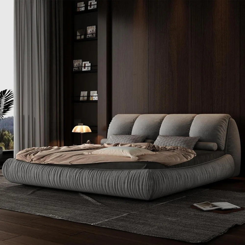 Deluxe king-size upholstered platform bed with upholstered backrest, soft-framed cloud bed, thickened pine slats, metal legs
