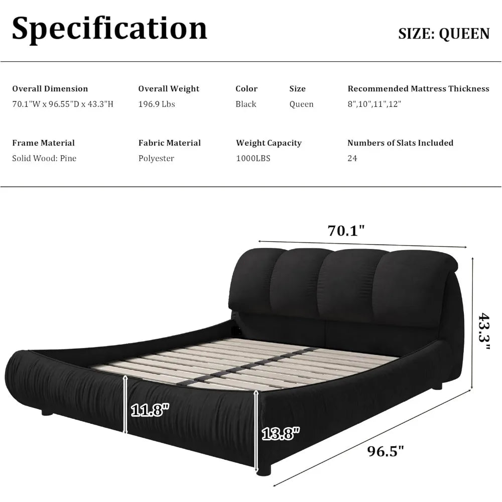 Deluxe king-size upholstered platform bed with upholstered backrest, soft-framed cloud bed, thickened pine slats, metal legs
