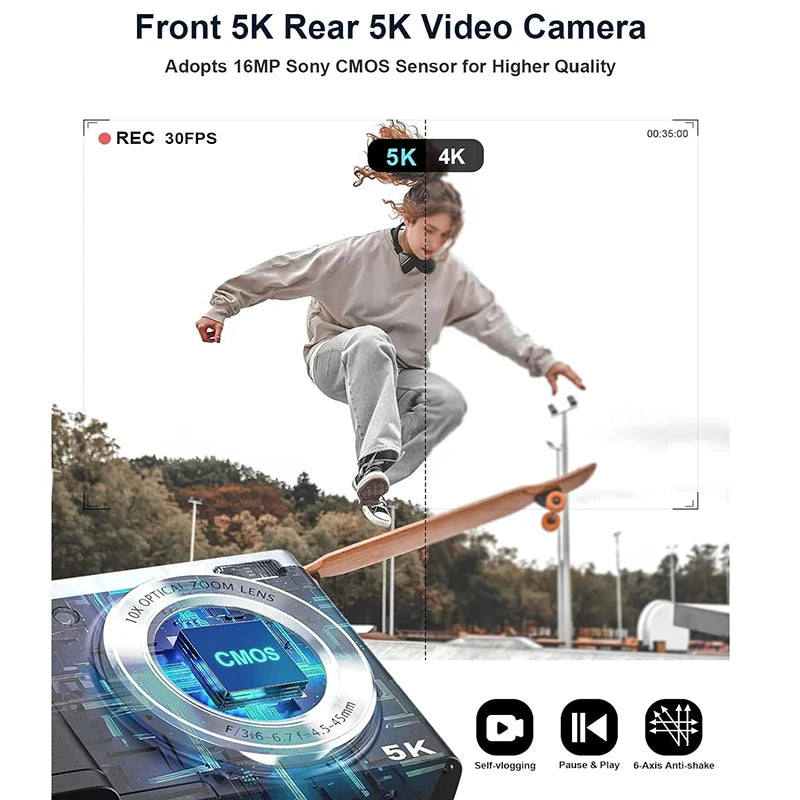 5K Digital Cameras Professional Camcorder 10X Optical Zoom 56MP Front and Rear Camera Ultra Bright Flash Camera Household Camera
