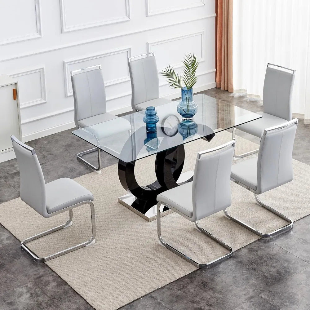 Glass Dining Table Set for 6 ,7 Piece Dining Table Set,Tempered Glass Table Top,PU Leather Ergonomic Dining Chairs Easy Assembly