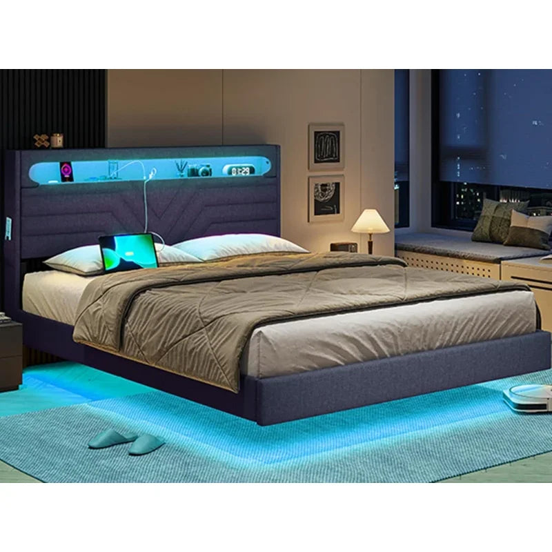 Queen Floating Frame RGB LED Lights ,USB-C/A Power Combo,Linen Upholstered Platform Bed with Storage Headboard