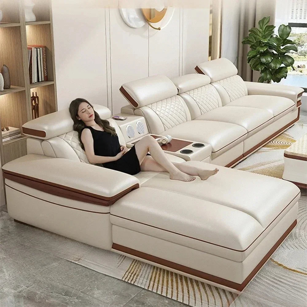 MINGDIBAO Premium Italian Genuine Leather Sofa Set for Living Room with Adjustable Headrests, Bluetooth Speaker, Wireless Charge