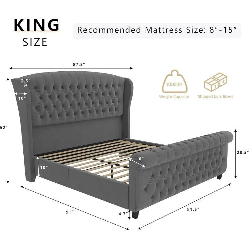 AMERLIFE King Size Platform Bed Frame, Chenille Upholstered Sleigh Bed with Scroll Wingback Headboard & Footboard/Button Tufted