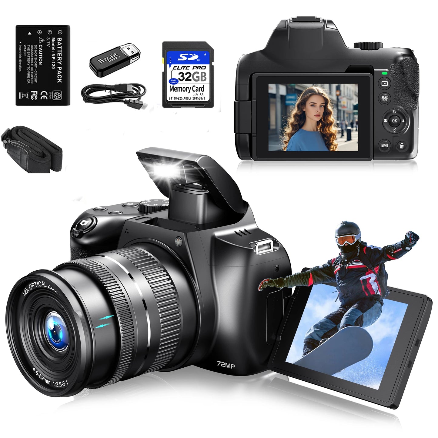 4K HD Digital Camera for Photography Auto Focus 12X Optical Zoom Vlogging Camera for YouTube 72MP WiFi Livestream Video Cameras