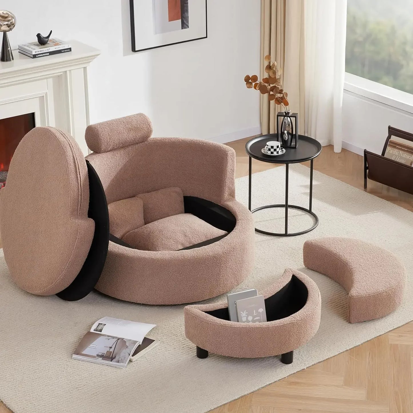 Round Oversized Swivel Barrel Chair with Base Storage for Living Room, 360°Modern Swivel Accent Chair with 3 Pillows for Home