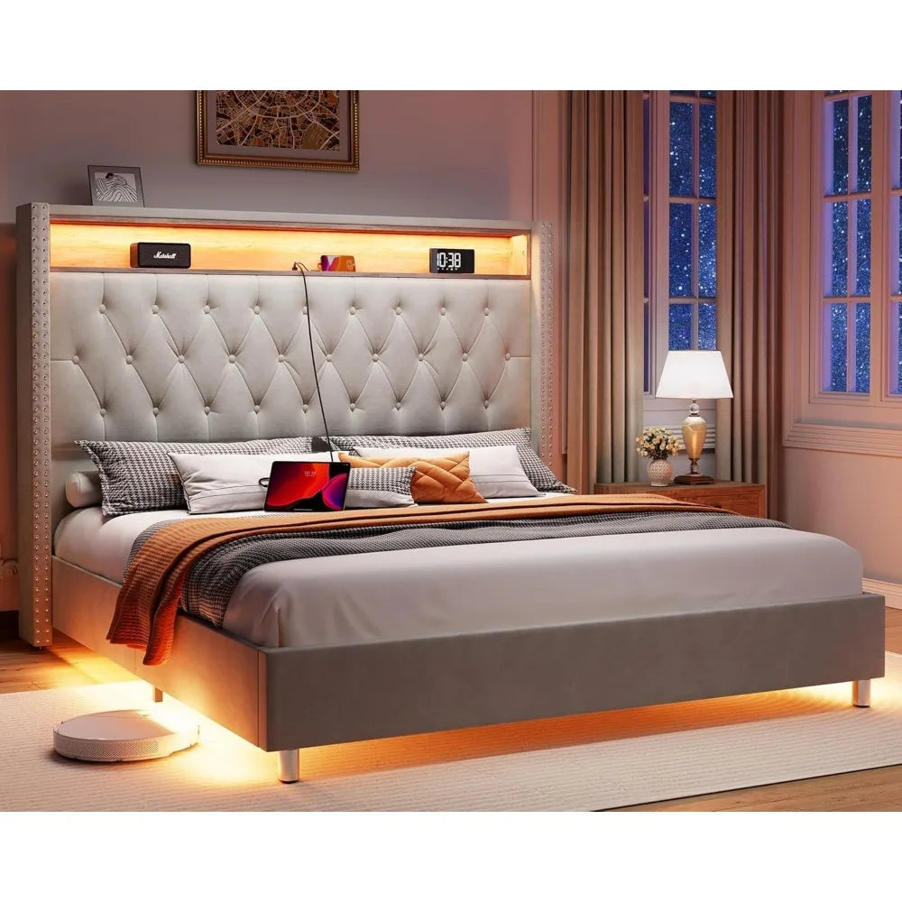 King Bed Frame with Headboard LED Lights and Charging Station, Velvet Tall Upholstered Platform Bed Storage No Box Spring Needed